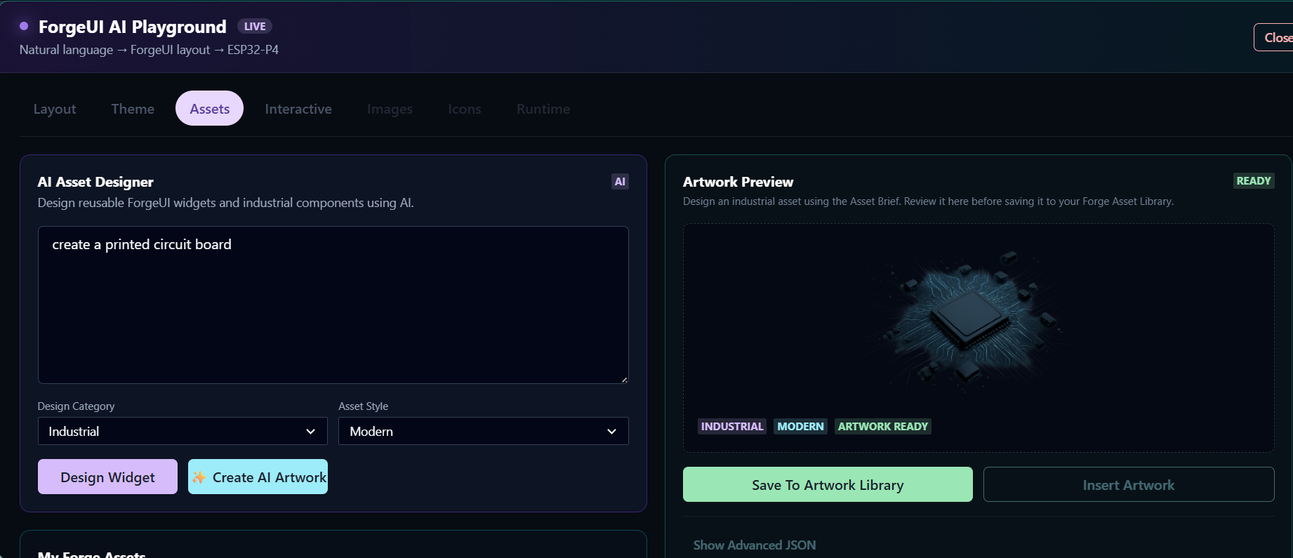AI Art Asset Designer ForgeUI Starter interface preview